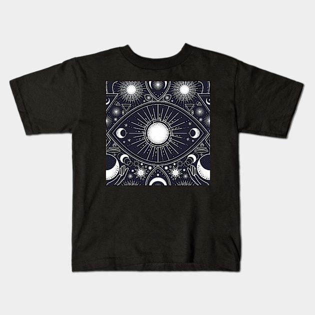 Magic pattern with constellations, sun, moon, magic eyes, hands and stars. Mystical esoteric background. Kids T-Shirt by RenattaZare